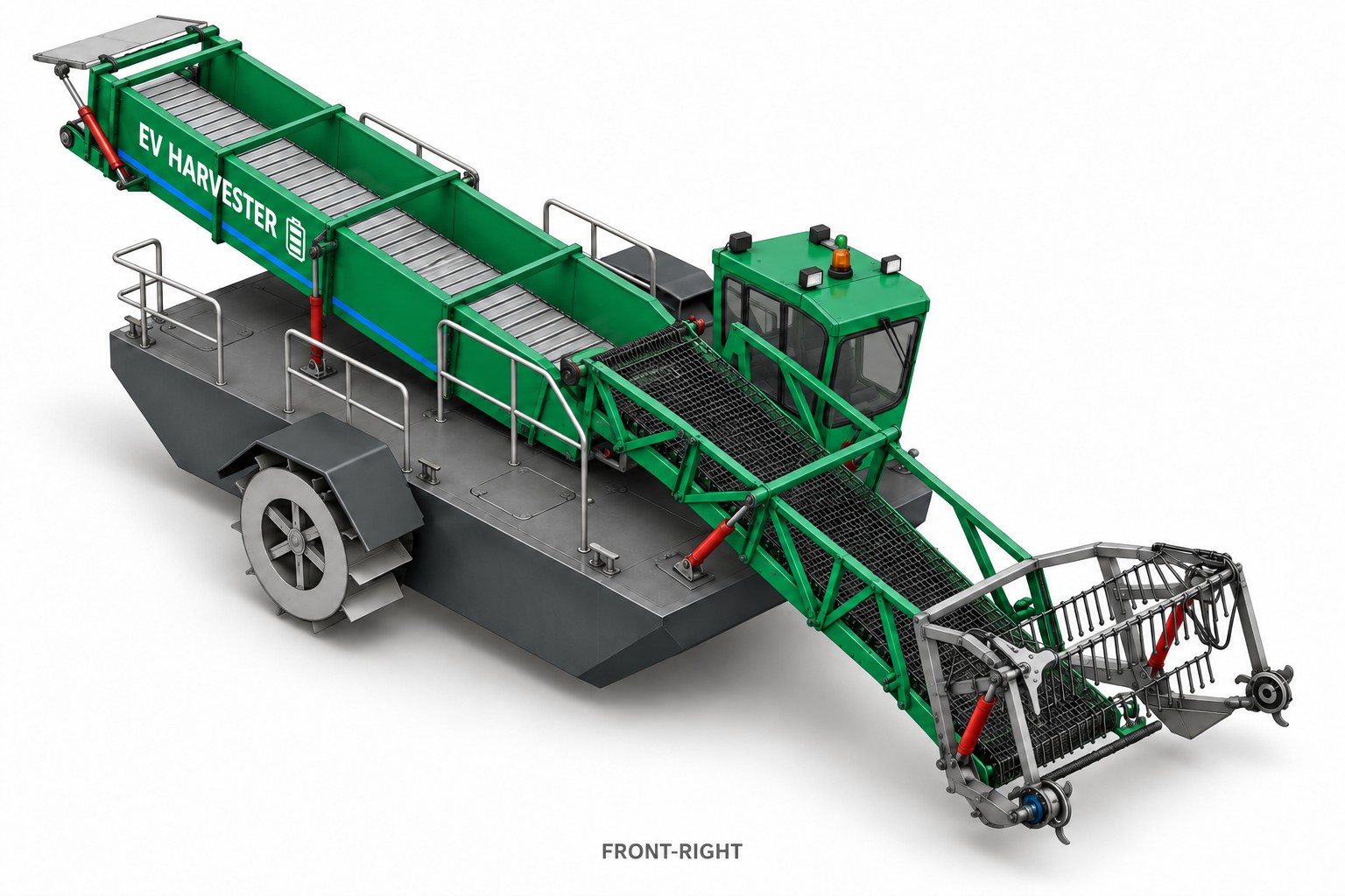 BlueCurrent electric aquatic harvester concept with paddle wheels and conveyors