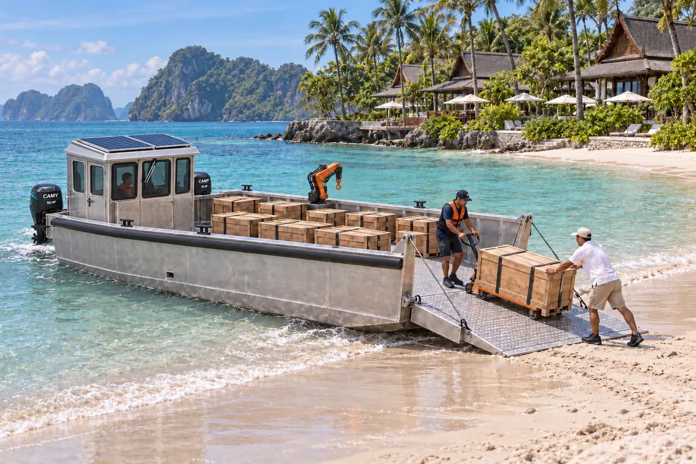 EV aluminium workboat with bow ramp at a beach