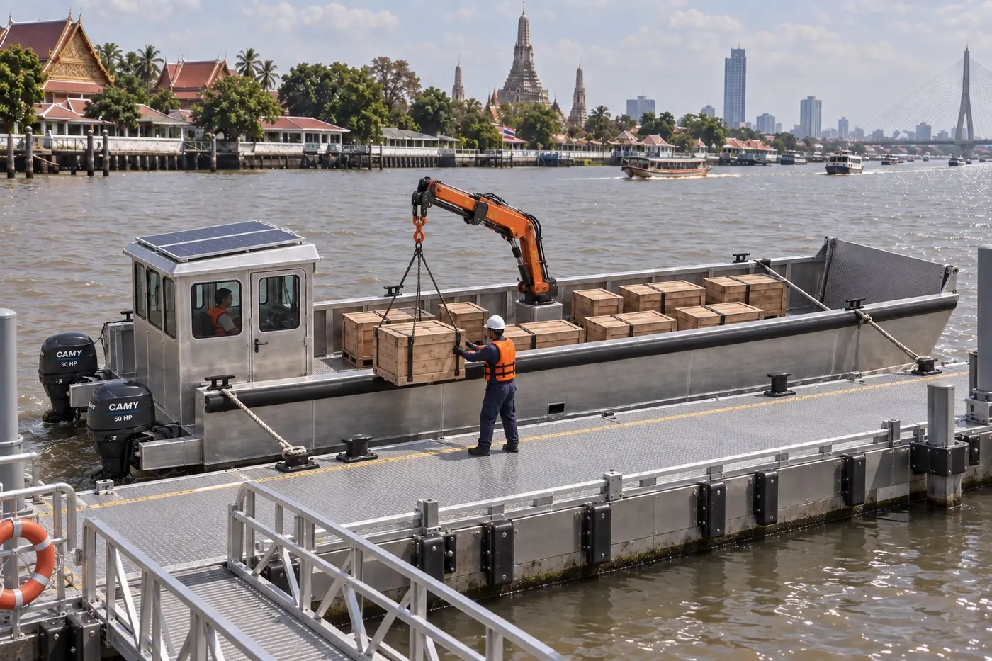 Workboat crane unloading at a riverside pier